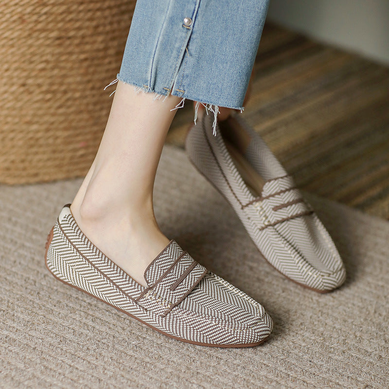 Gommino Female Square Toe Pumps Women's Knitted Braided Shoes Foreign Trade Casual Loafers Princess Shoes