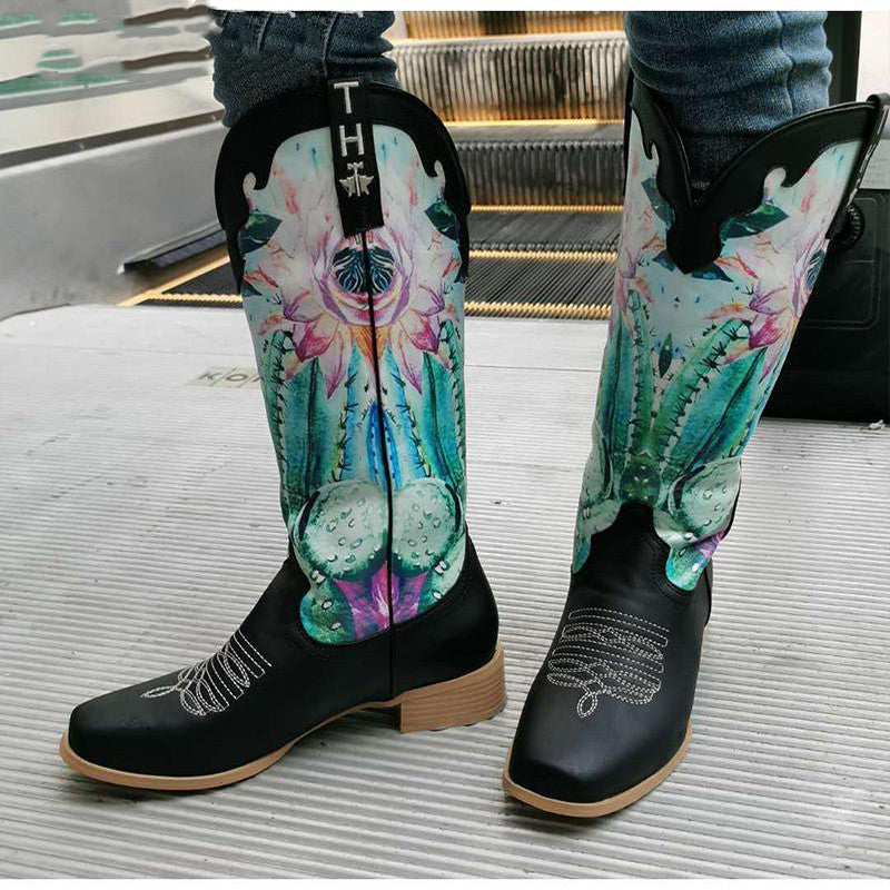 Kalbsblumendruck Patchwork Mischfarbe Damenschuhe Slip On Schöne Party Retro Westernstiefel