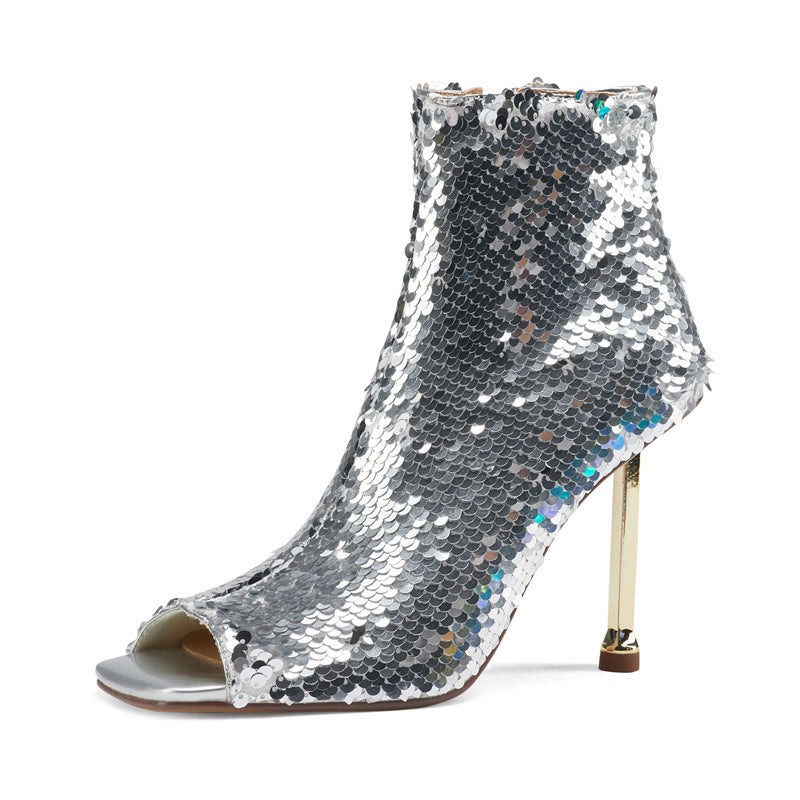 Fashion Sequined Fish Mouth Zipper Stiletto High Heels Women's Cool Boots