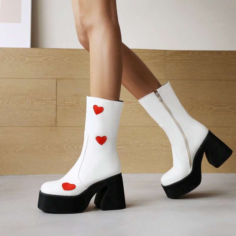 Milk Pattern Love Thick Heel Super High Heel Platform Women's Ankle Boots