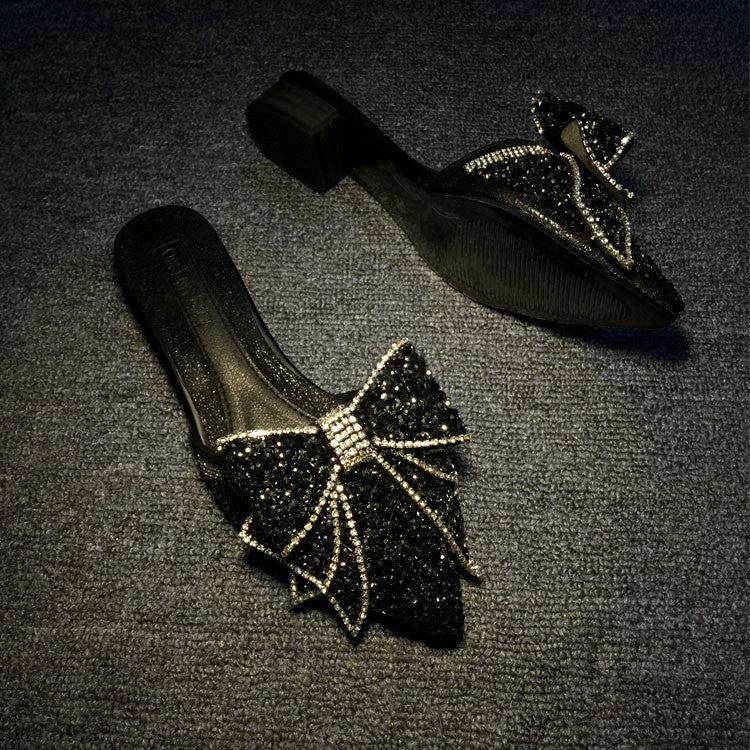 Pantuflas de mujer de moda con lazo en punta y diamantes de imitación