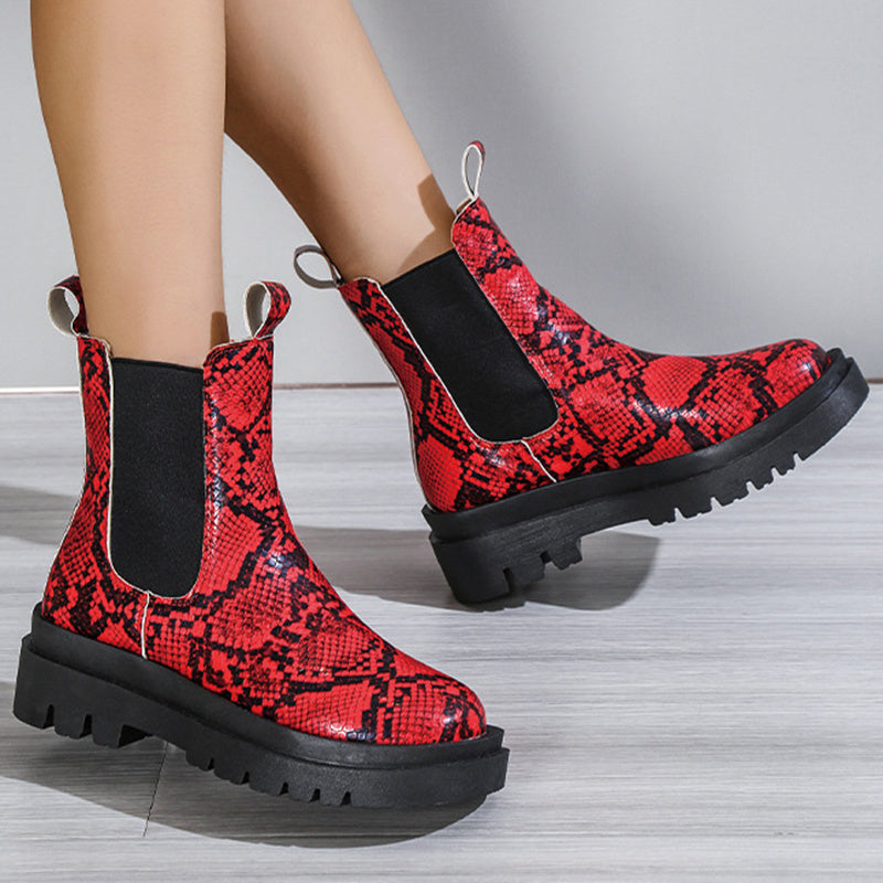 Botines de piel de serpiente con plataforma y cordones para mujer