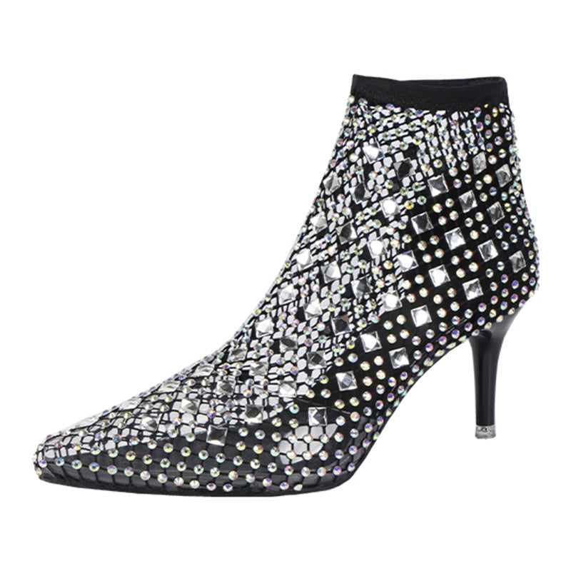 Women's Pointed Toe Stiletto Cutout Rhinestone Boots