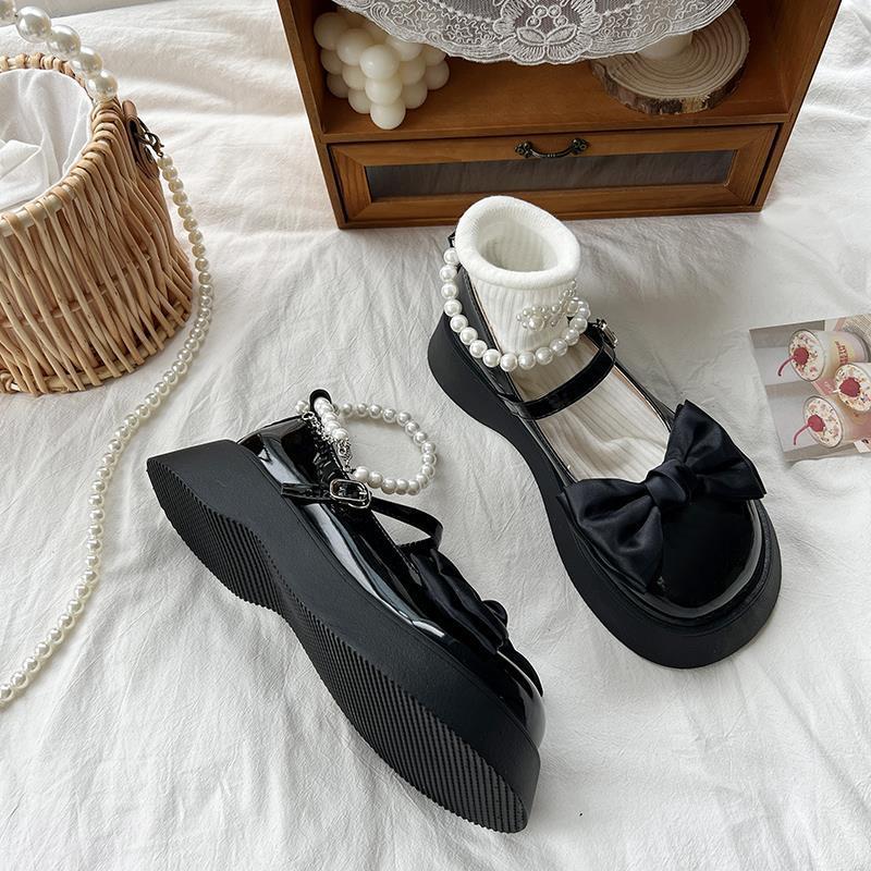 Women's Platform Pearl Bow Round Toe Shoes