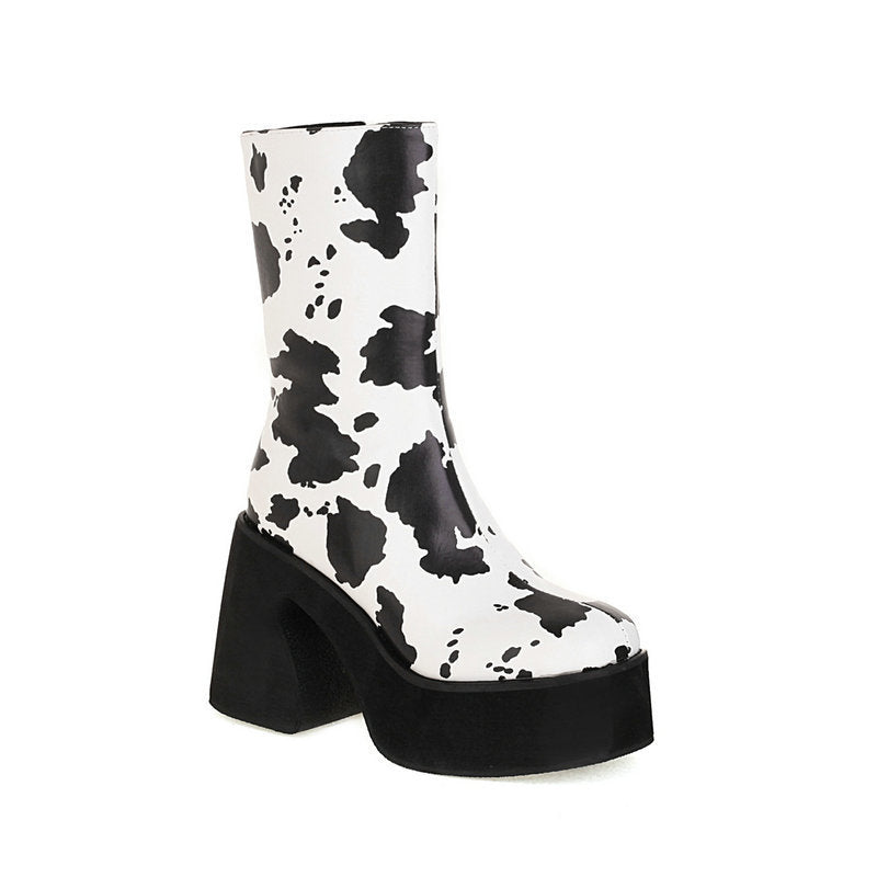 Milk Pattern Love Thick Heel Super High Heel Platform Women's Ankle Boots