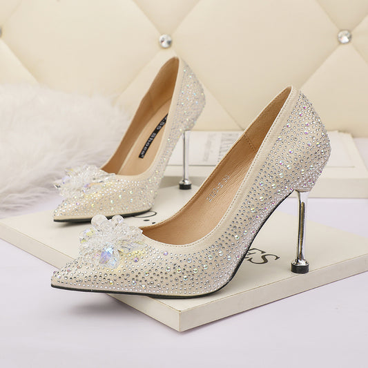 Mode Spitz Flach Mund Strass Sexy High Heels Sehen Dünn