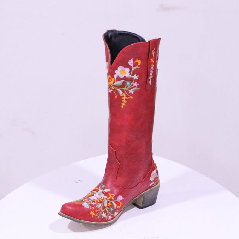 Bunt bestickte, spitze, mitteldicke, modische Westernstiefel für Damen