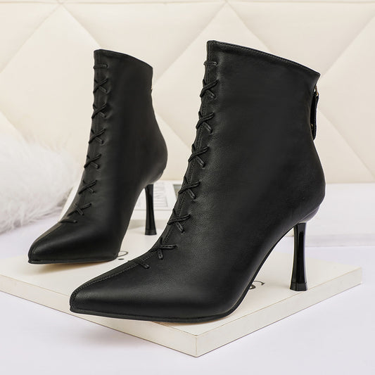 Fashionable And Simple Stiletto Heel Zipper Pointed Sexy Short Boots