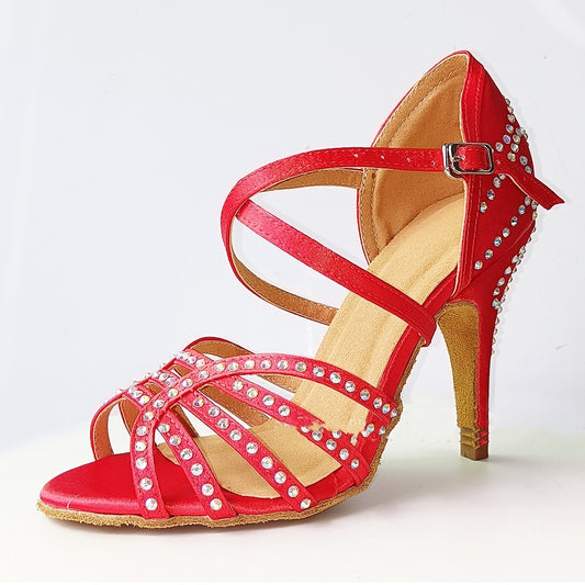 Red With Diamond Latin Dance Shoes Women's High Heel Dancing Shoes