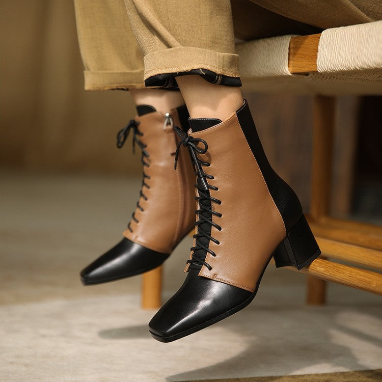 Women's Retro Color Block Square Toe Thick Heel Leather Boots