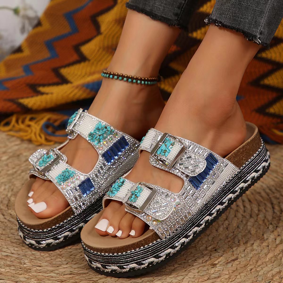 Thick Bottom Hemp Rope Double Buckle Rhinestone Cork Beach Slippers