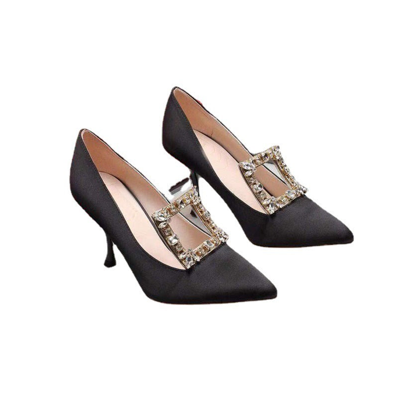 Women's Pointed Toe Square Buckle Rhinestone High Heels