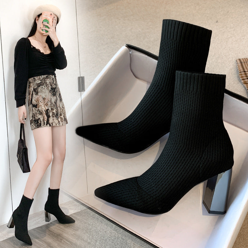 Women's Pointed Toe Chunky High Heels Socks Boots