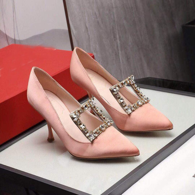 Women's Pointed Toe Square Buckle Rhinestone High Heels