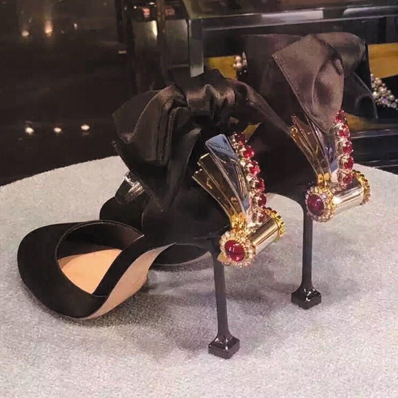 Women's Leather Stiletto Heel Rhinestone Bow High Heel Sandals