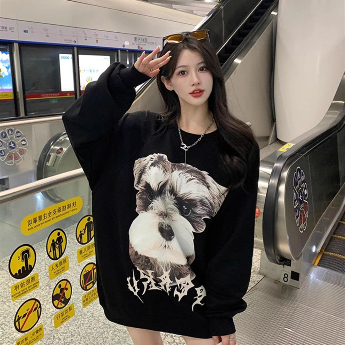 Women's Long Sleeve Loose Letter Print American Crew Neck Pullover Sweatshirt