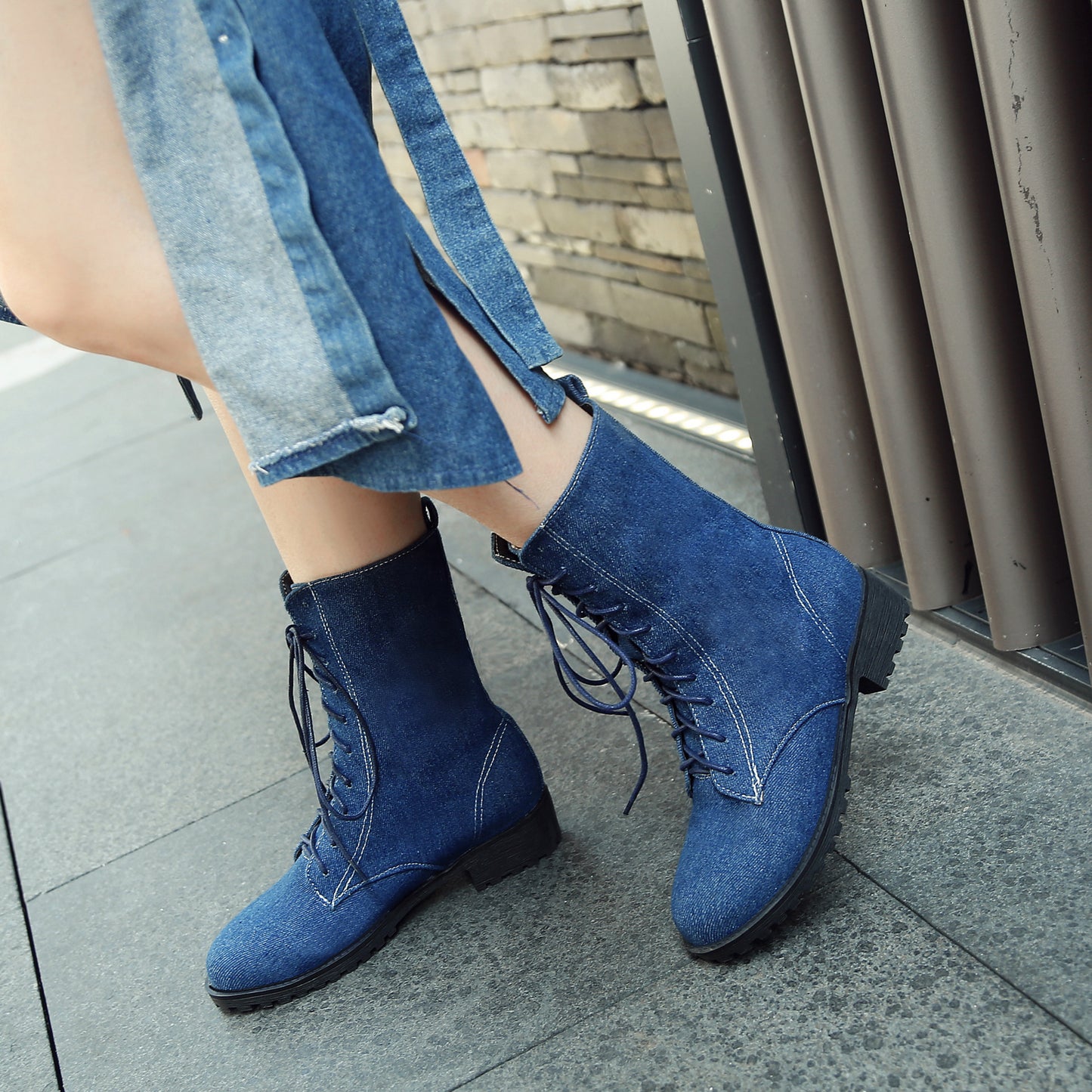 Women's Denim Front Lace-up Low Heel Martin Boots