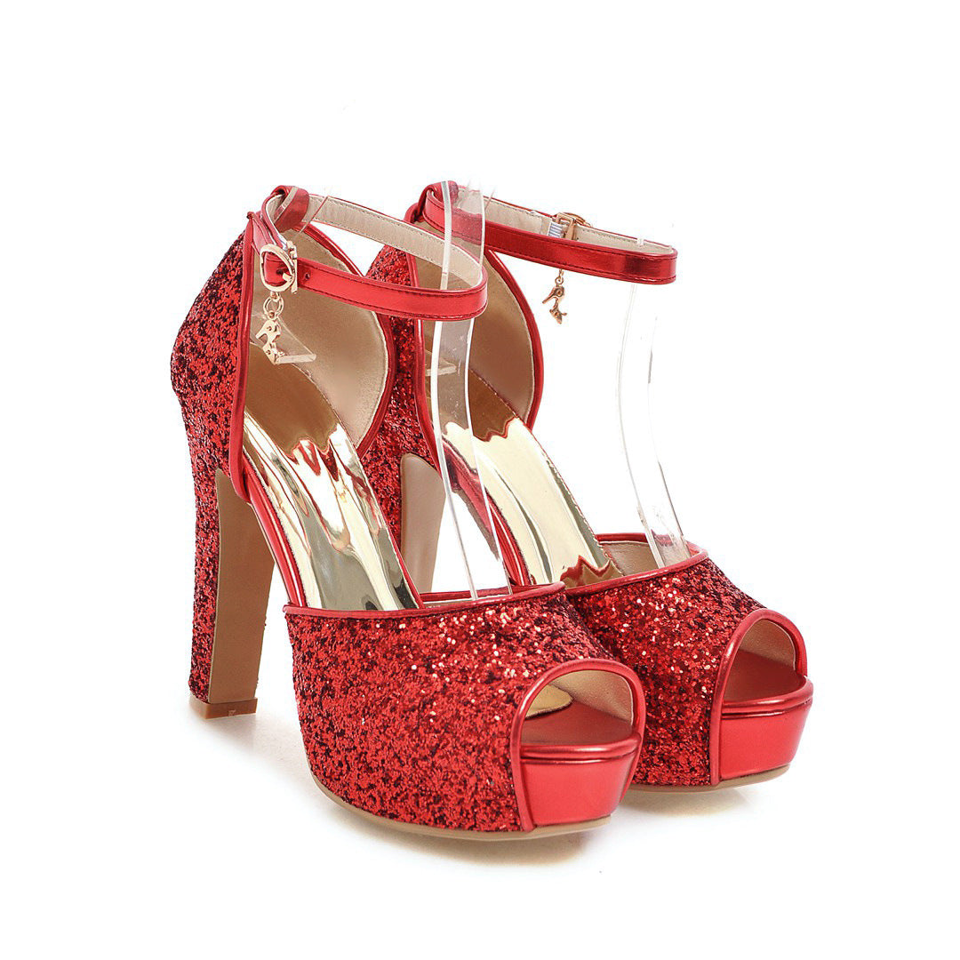 Peep Toe Chunky Heel Super High Heel Fashionable Sequins Sandals