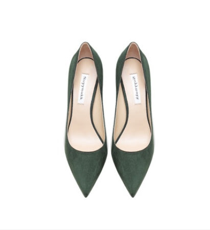 Tacones altos de ante verde oscuro de cuero para mujer