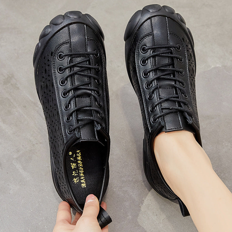 Leather Hollow Rubber Sole 3cm Comfort Shoes