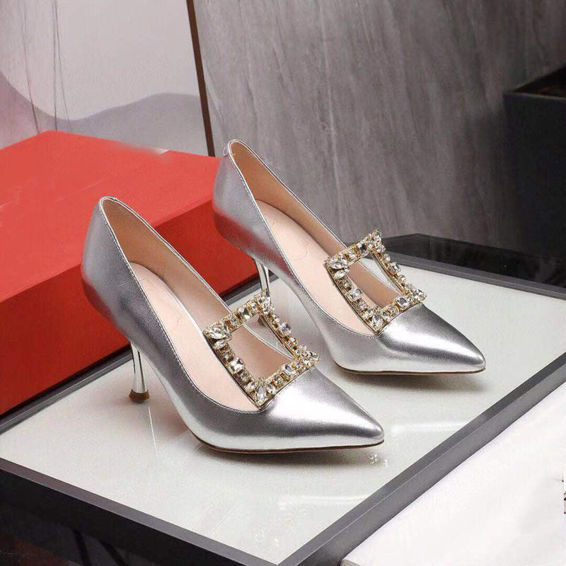 Women's Pointed Toe Square Buckle Rhinestone High Heels