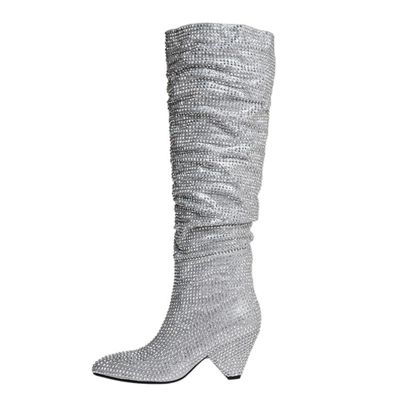 Tapered Heel Silver Rhinestone Tall Fashion Women's Boots