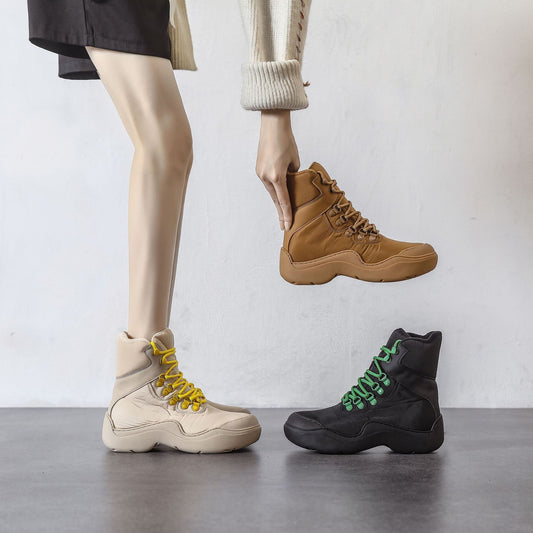 New Green Thick-soled Heightened Lace-up Ankle Boots High Top