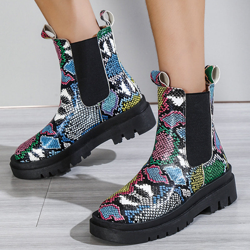 Botines de piel de serpiente con plataforma y cordones para mujer