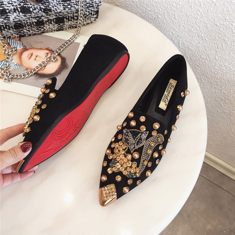 Women's Rhinestone Pointed Toe Rivet Flat Shoes