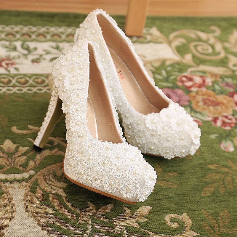 Platform High Heels Shallow Mouth Round Toe Pearl Shoes Flower Lace Wedding