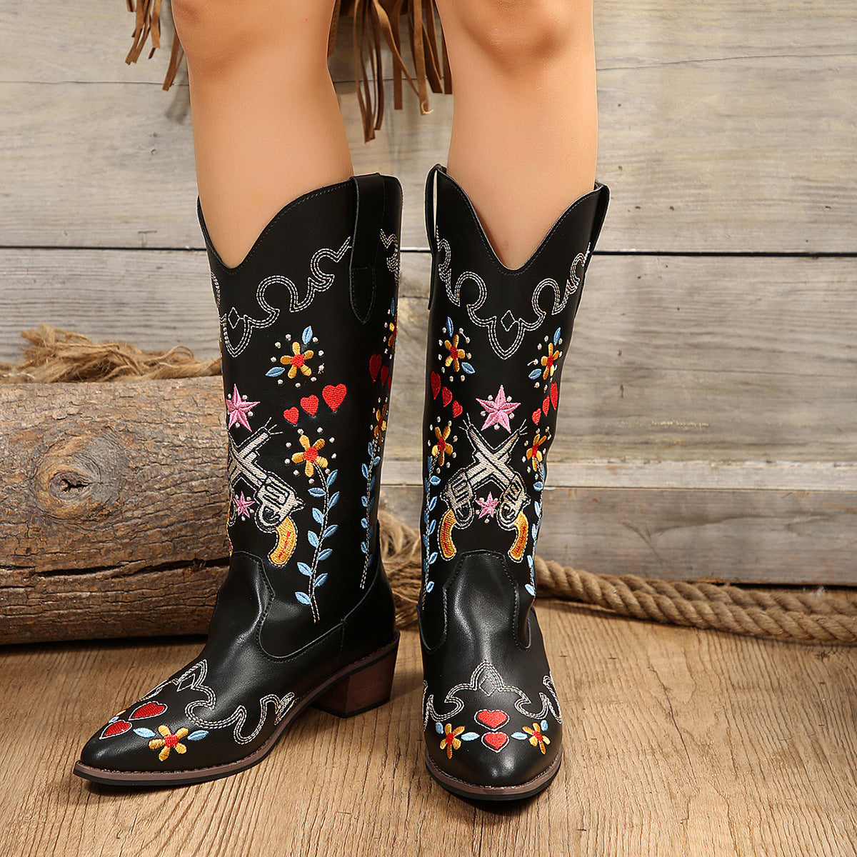 Women's Long Embroidered Chunky Heel High Leg Boot