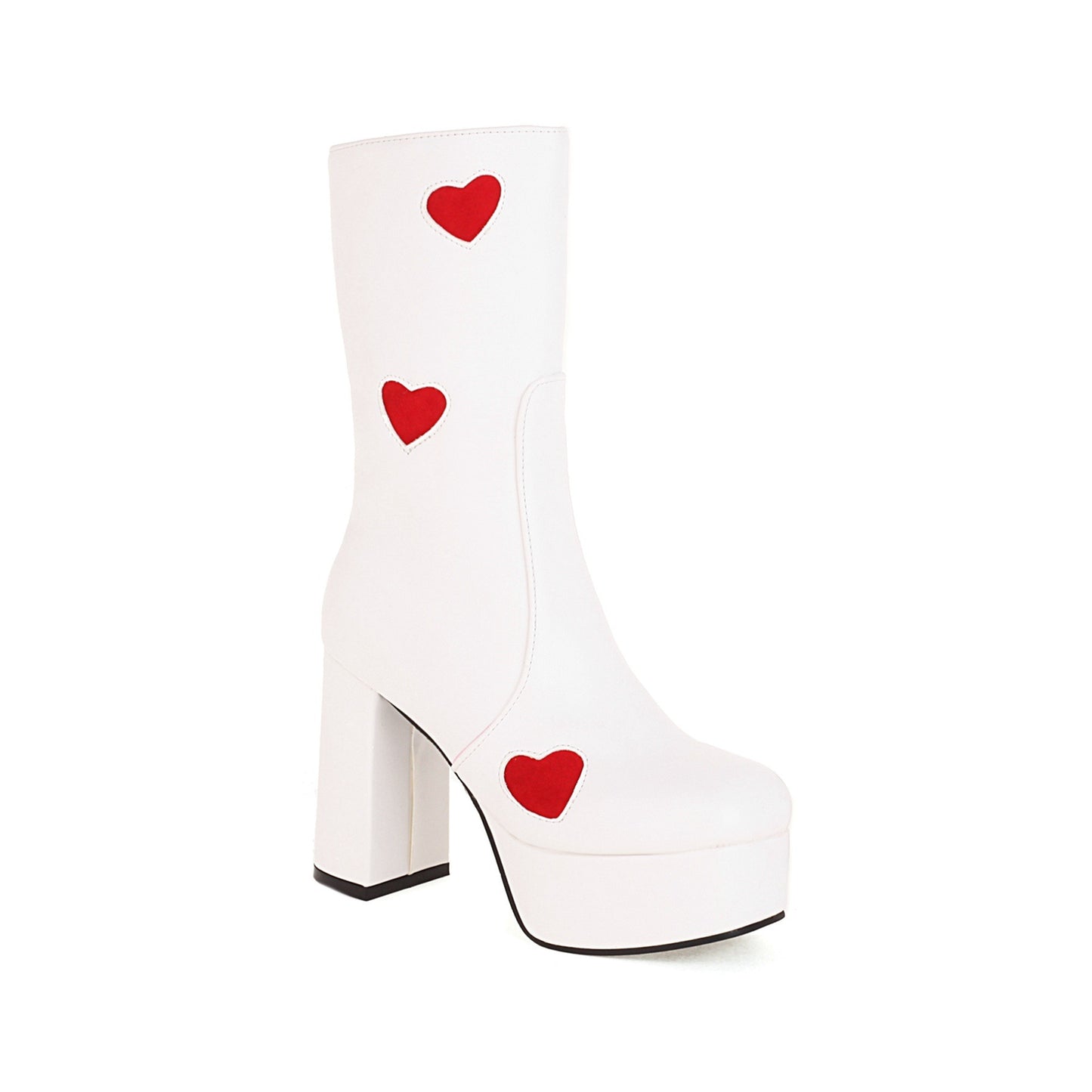 Women's Round Toe Chunky Heel Heart Zip Mid Boots