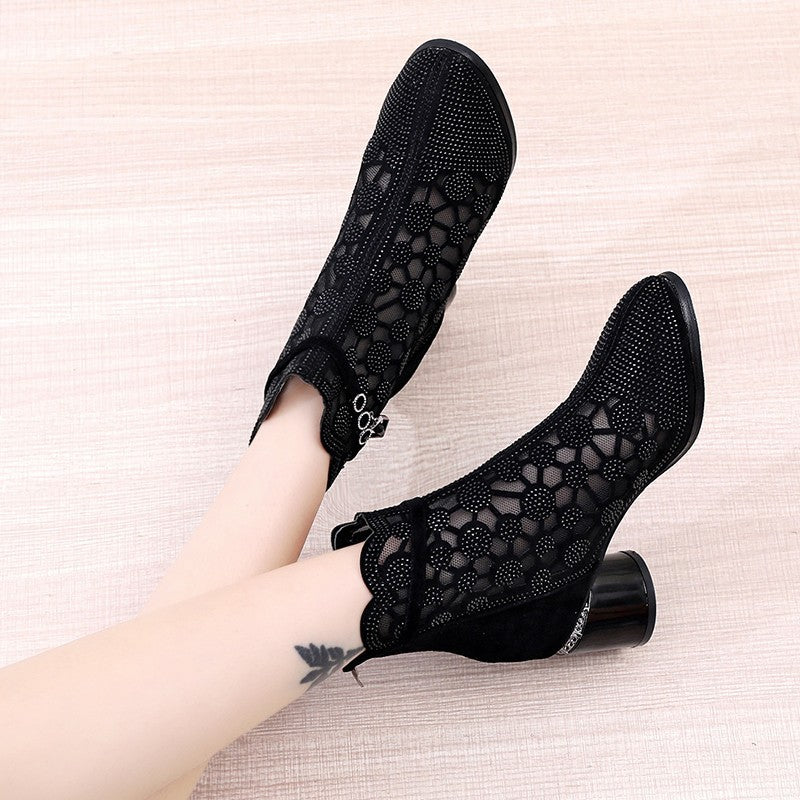 Women's Fashion Personality Rhinestone Hollow Mesh Short Boots