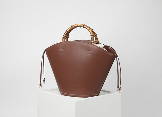 Leather Bamboo Portable Bucket Bag Temperament Versatile