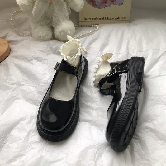 Schwarze Retro-Schuhe im englischen Stil aus Leder für Damen im Fairy Line-Stil mit Mary Jane