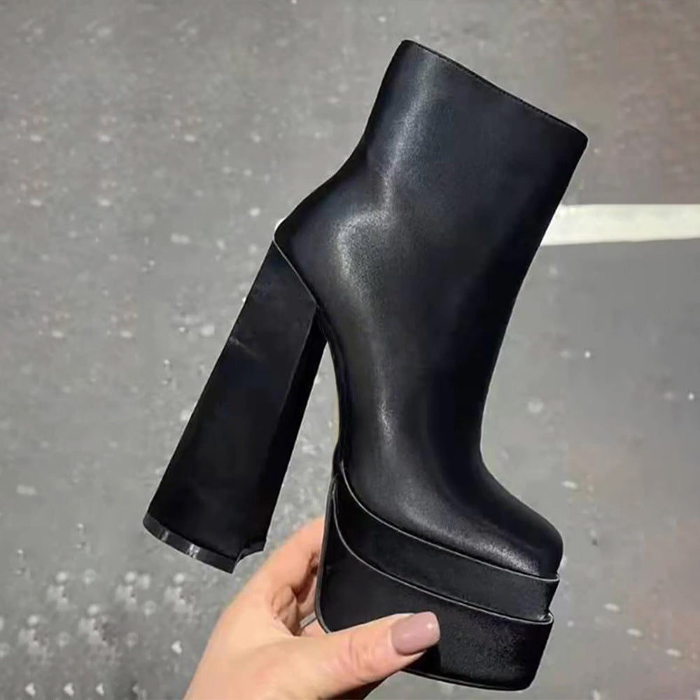 Ladies Ankle Boots Square Toe Double Layer Platform