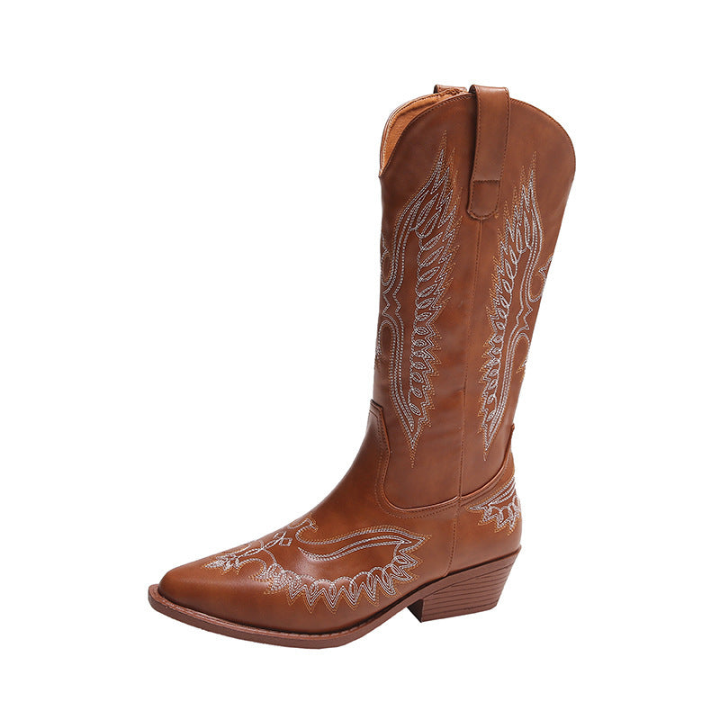 Mode Stickerei Western Cowboy Boot Frauen Spitz Mid-kalb