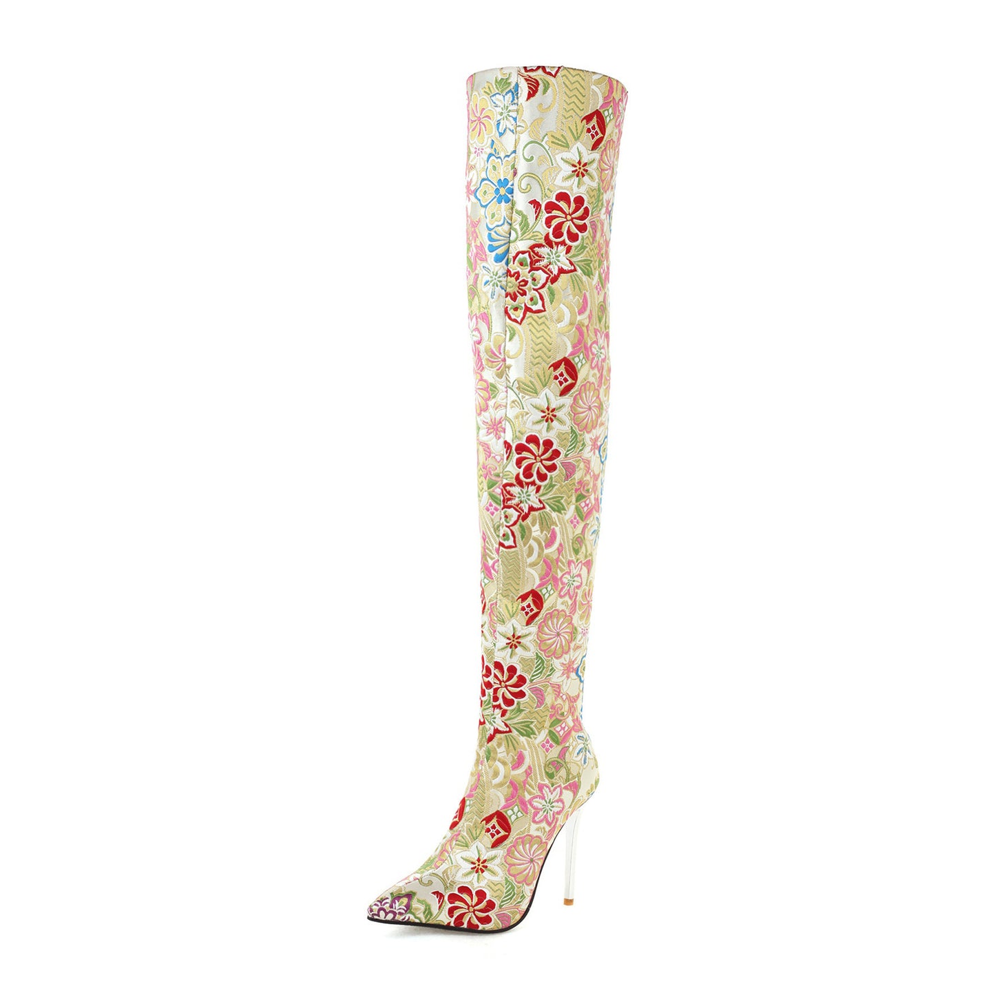 Autumn Winter Pointed-toe Embroidered Stiletto Back Zip Over-the-knee Boots