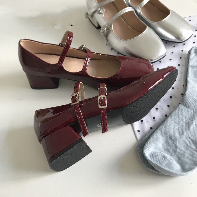 Französische Retro-Mary-Jane-Schuhe mit quadratischem Kopf in Silber