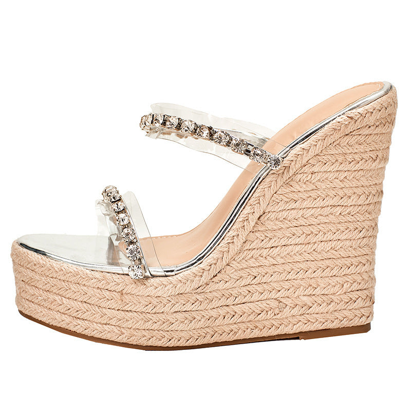 Women's Rhinestone Strap Hemp Muffin Platform Wedge Sandals