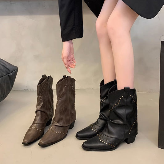 Botas de medias con punta en pico y corte en V retro de diseño de interés especial para mujeres