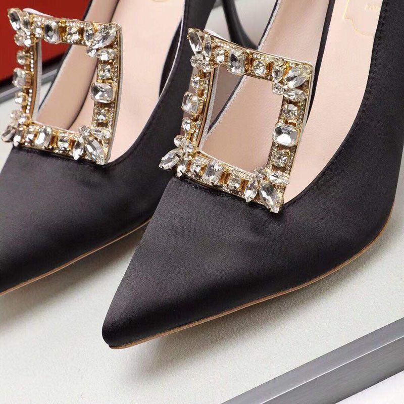 Women's Pointed Toe Square Buckle Rhinestone High Heels