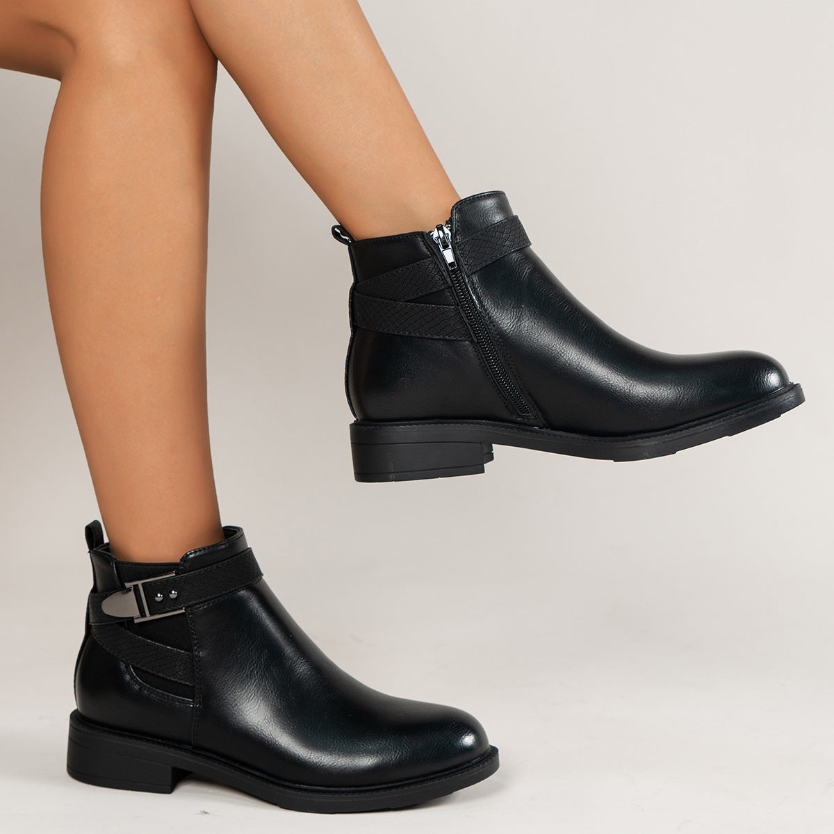 Chelsea Boots Damen Schwarz Stiefeletten Seitlicher Reißverschluss Schnalle Schuhe