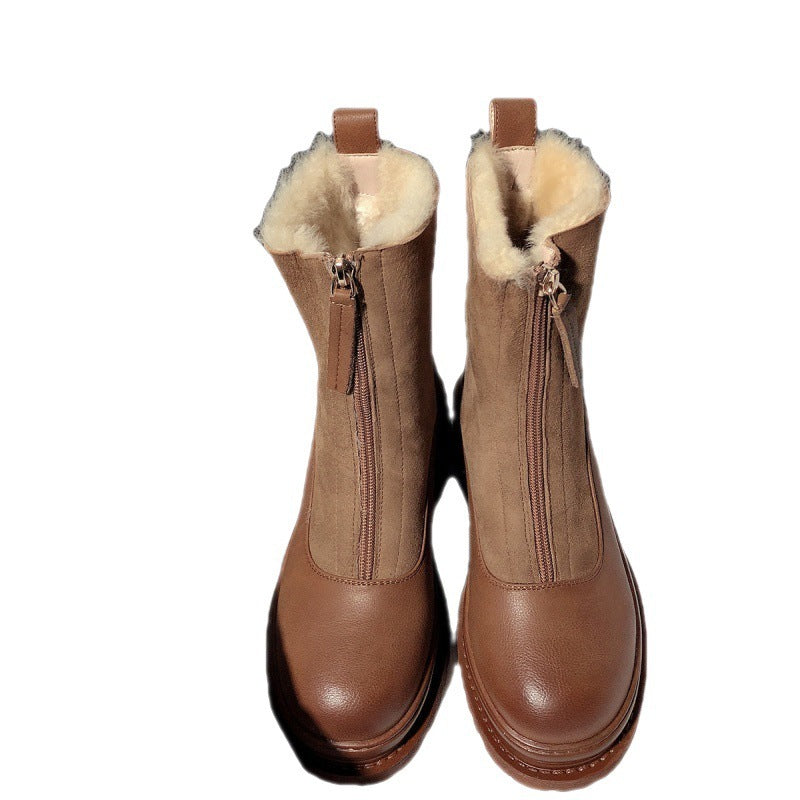 Soft Leather And Velvet Thick Snow Boots Female Insulated Cotton-padded Shoes