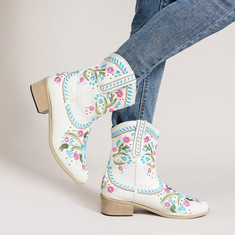 Botas occidentales de tubo medio de estilo étnico con flores bordadas para mujer, estilo europeo y americano