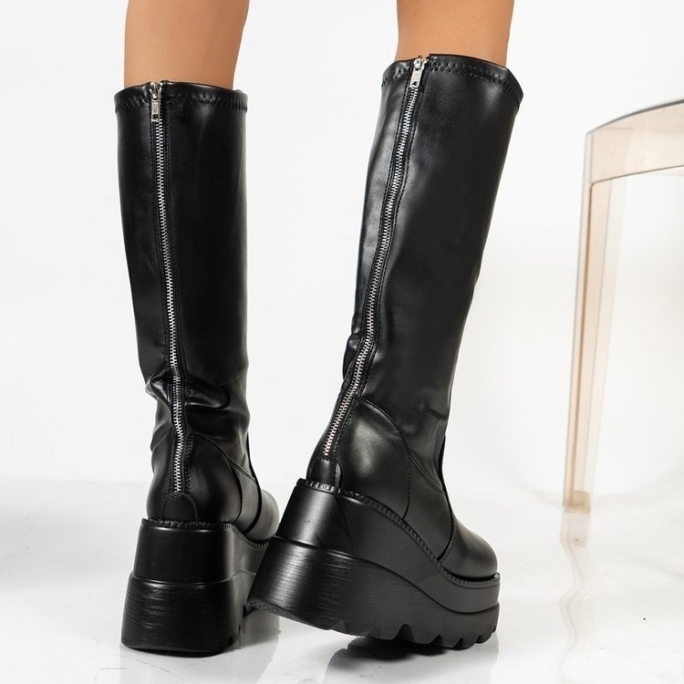 Damenmode Keilabsatzstiefel mit kleinem Rohrumfang und Plateau-Kniehohe Stiefel