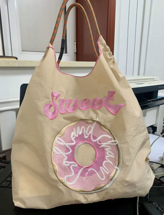 Bolsa ecológica con bordado de donuts de tela de nailon japonesa