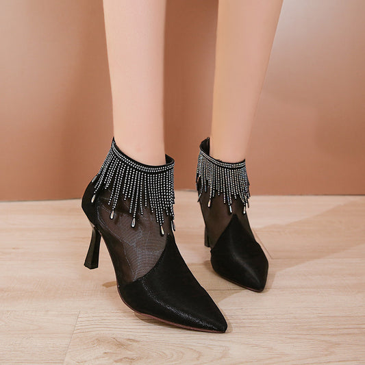 Fashion All-match Net Yarn Breathable High-heeled Fashion Boots