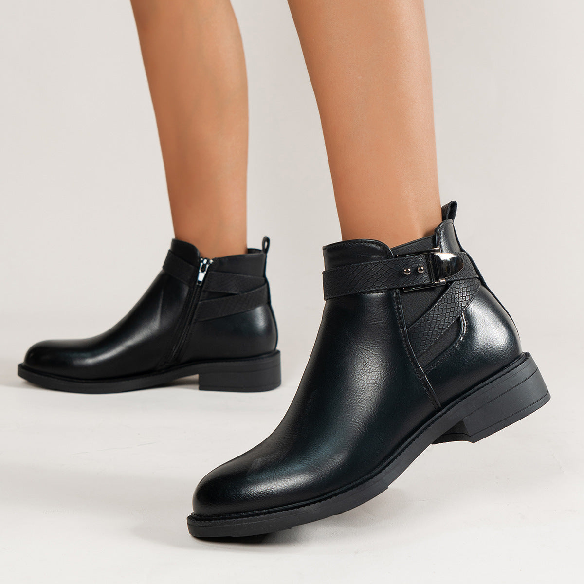 Chelsea Boots Damen Schwarz Stiefeletten Seitlicher Reißverschluss Schnalle Schuhe