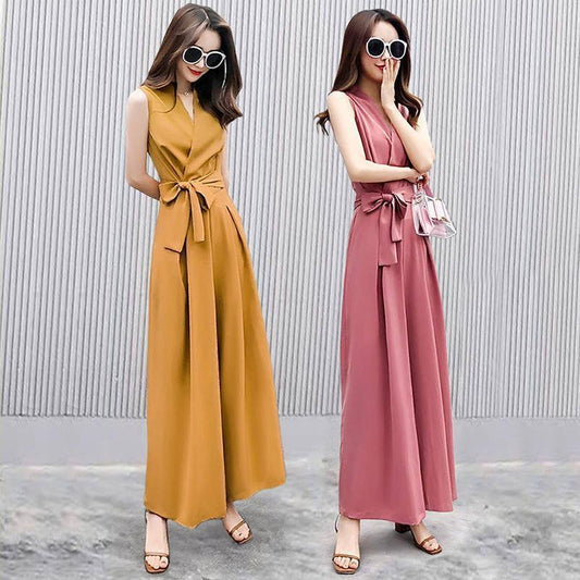 Student Korean Casual V-neck Slim Jumpsuit Wide-leg Pants Suit